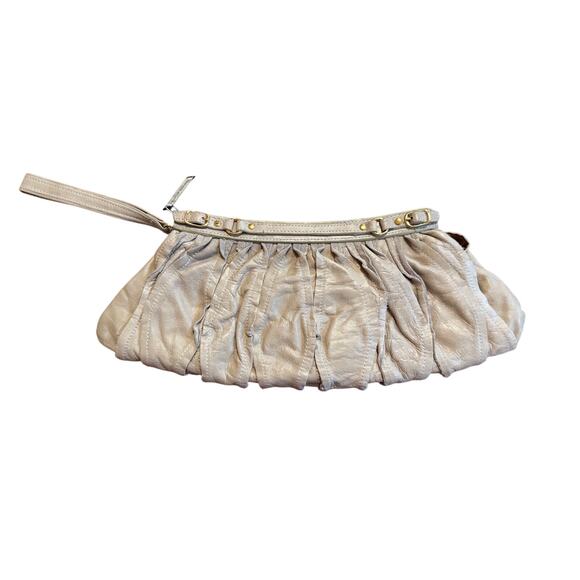 NWT Vintage Y2K Cream Tan Leather Ruffle Clutch Pouchette Purse Bag - Picture 1 of 4